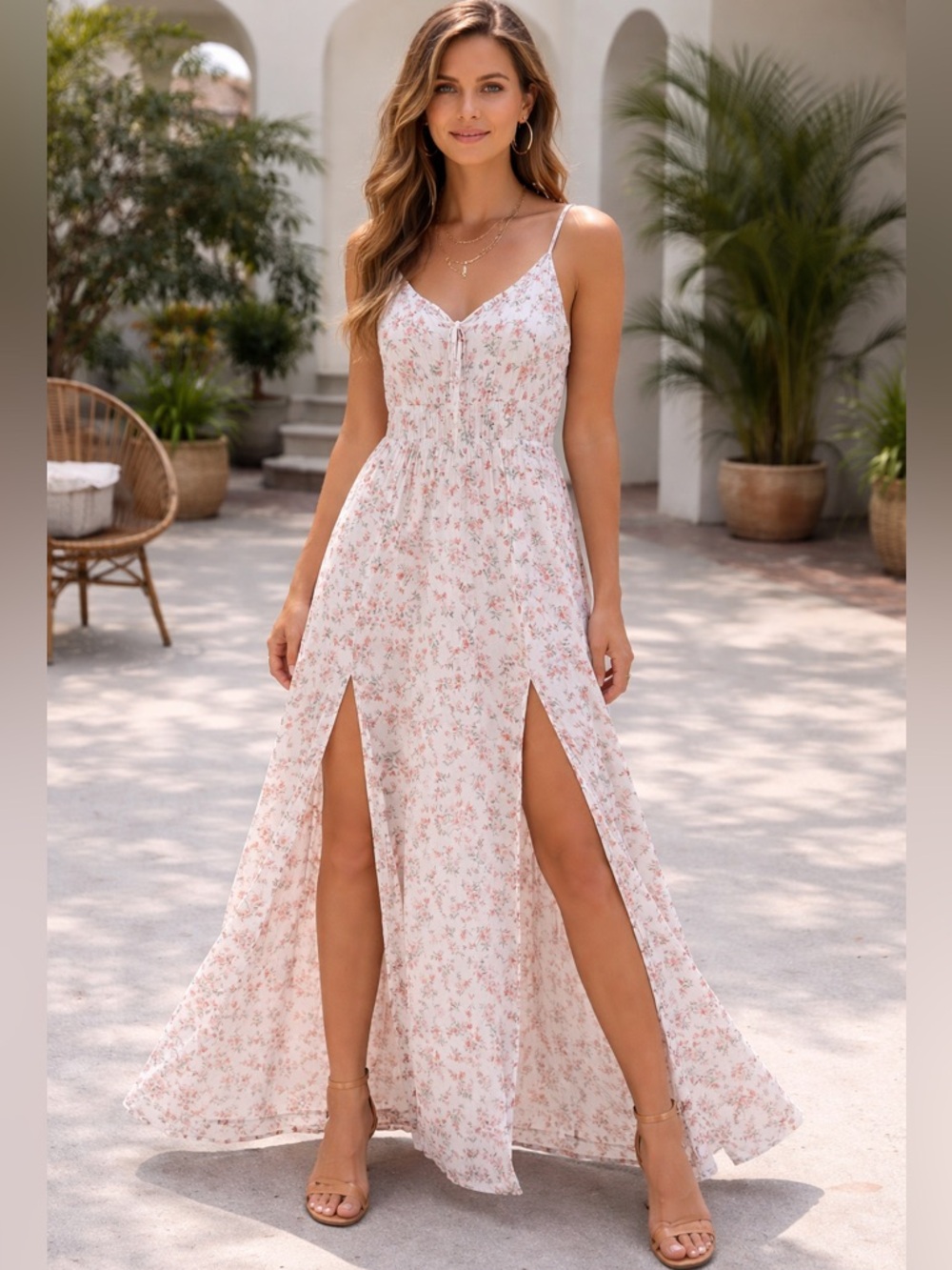 Ambiance Light Pink Floral Spaghetti-Strap Maxi Dress with Front Slits